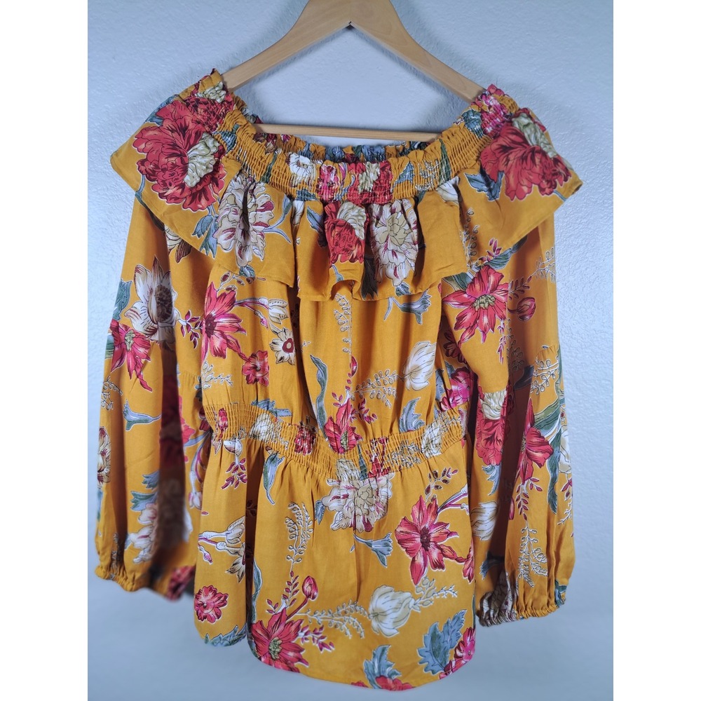 Check Me First Yellow Floral Off Shoulder Smocked Waist Ruffle Blouse XL Rayon